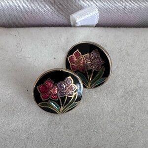 Elegant Floral Earrings with Black and Pink Accents • gold plated • handpainted